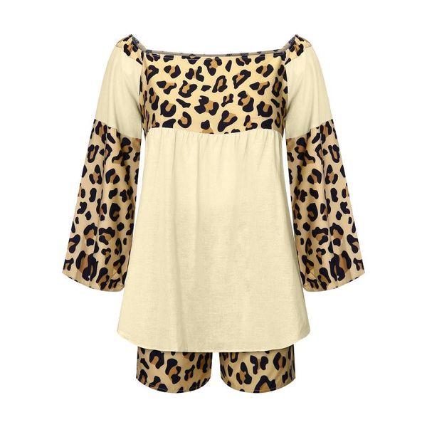 

women's tracksuits women leopard patchwork shirts shorts two piece set off shoulder printing loose long sleeve stylish femme shirt, Gray
