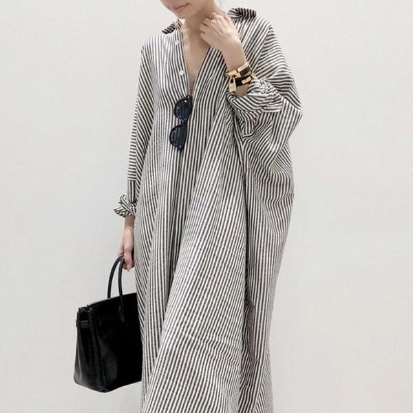 

casual dresses women dress autumn 2022 japan office lady korea style striped long sleeve loose straight robe, Black;gray