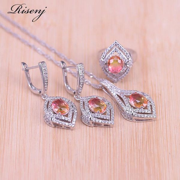 

earrings & necklace unique pink discoloration zircon silver color jewelry for women ring set