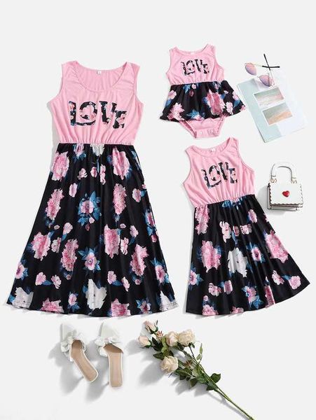 

toddler girls 1pc letter & floral print dress she, Red;yellow