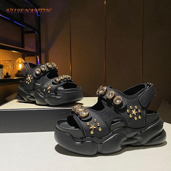 

sandals summer style thick-soled roman flat rhinestones -selling sports daddy women, Black