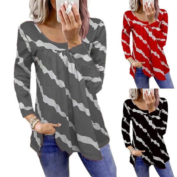

women's blouses & shirts 2021 fashion pullover women blouse irregular hem striped print long sleeve t-shirt for daily wear, White