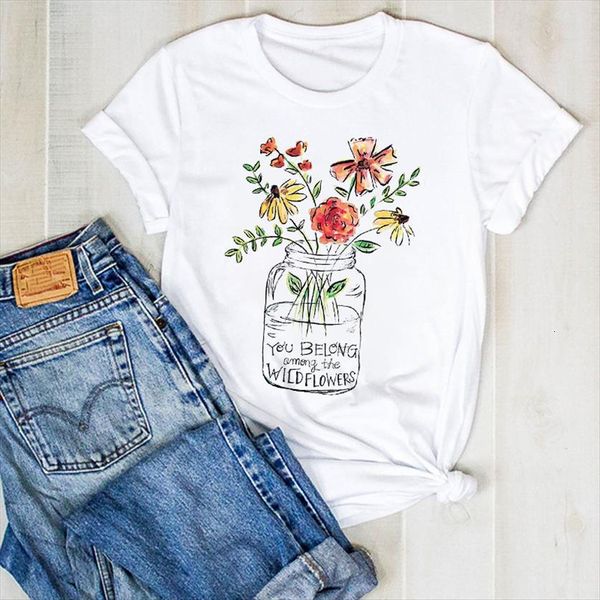 

flower watercolor floral print women summer tee clothes graphic, White