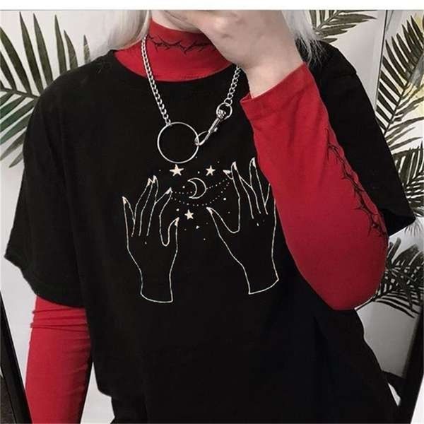 

hands with stars and moon art drawing t-shirt women grunge aesthetic illustrated tee cute witch graphic shirt 210512, White