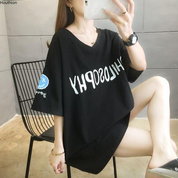 

women's t-shirt houthion summer fashion casual large size mid-length letter print loose all-match v-neck short sleeve, White