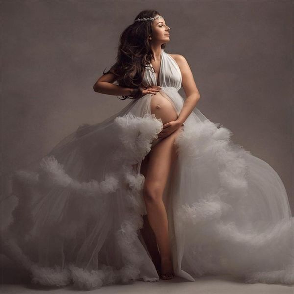 Chic White Ruffle Vestido de Noite para Mãe Tiered Pleated Sleewear Fotografia Feminino Foto Photo Tiro Tulle Maternidade Vestes Personalizado