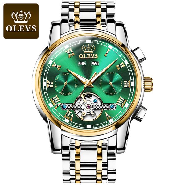 

olevs design brand luxury men's watches automatic green men rustless steel waterproof business sports mechanical, Slivery;brown