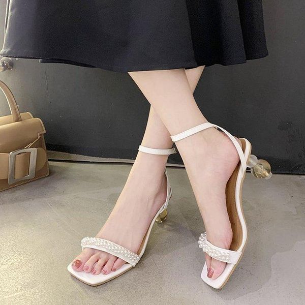 

sandals one-line buckle women's 2021 summer style korean pearl shaped heel open toe high, Black