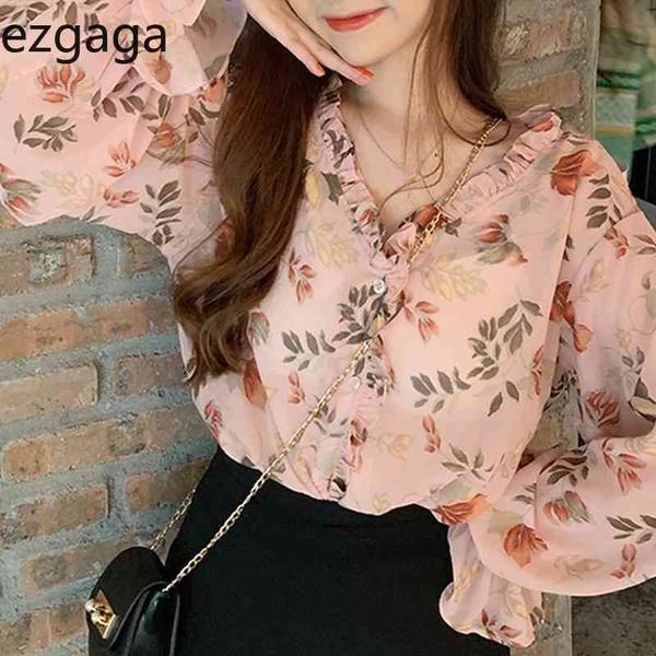 

ezgaga elegant women blouse floral printed spring korean chic long sleeve loose all-match female shirts fashion 210430, White