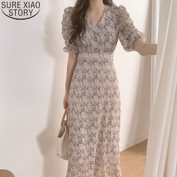 2021 Verão Estilo Coreano Elegante Vestido Vintage Floral Impressão Cintura Alta Cintura V-Neck de Manga Curta Moda Casual Ankle-Comprimento Vestidos X0521