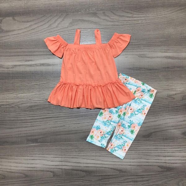 

summer baby girls solid coral floral pants kids capri set, White
