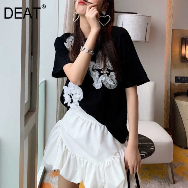 

[deat] summer fashion round neck splicing organza bow short sleeve loose casual women t-shirt 13q304 210527, White