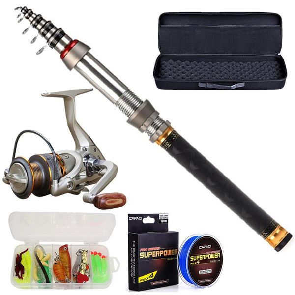 

spinning fishing rod and reel combo kit set, with line lures hooks carry bag