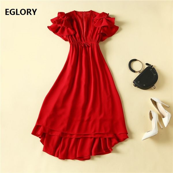 

dresses deep v-neck spring summer women cascading ruffle deco short sleeve front short back long red club, Black;gray