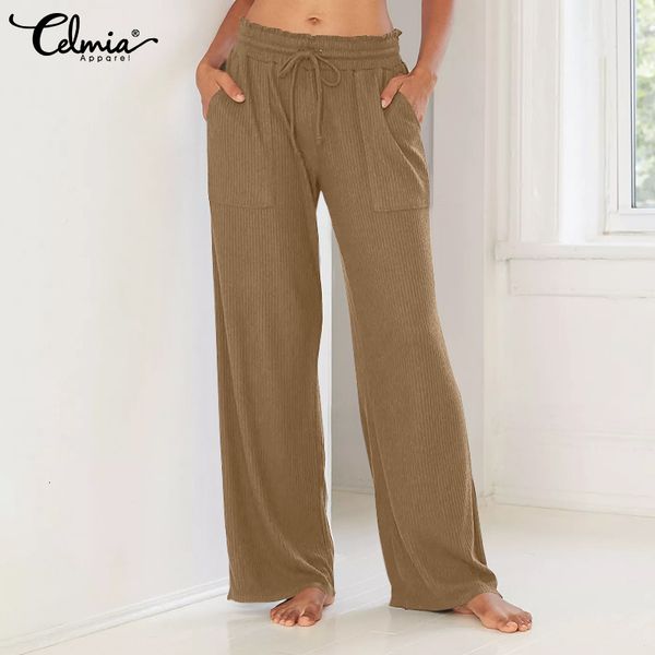 

capris celmia women loose wide leg pants 2021 fashion elastic waist trousers casual office lady solid long pantalon femme plus size 5xl, Black;white