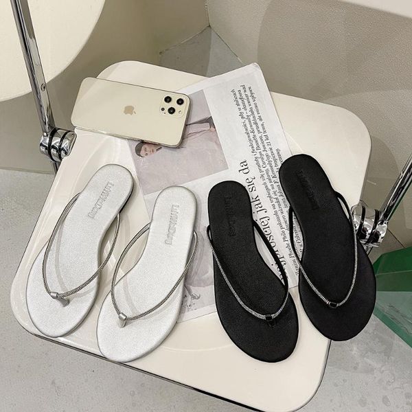 

flip-flops girls summer 2021 casual student simple flat heel clip toe beach sandals outside wear shoes women slipper slippers, Black