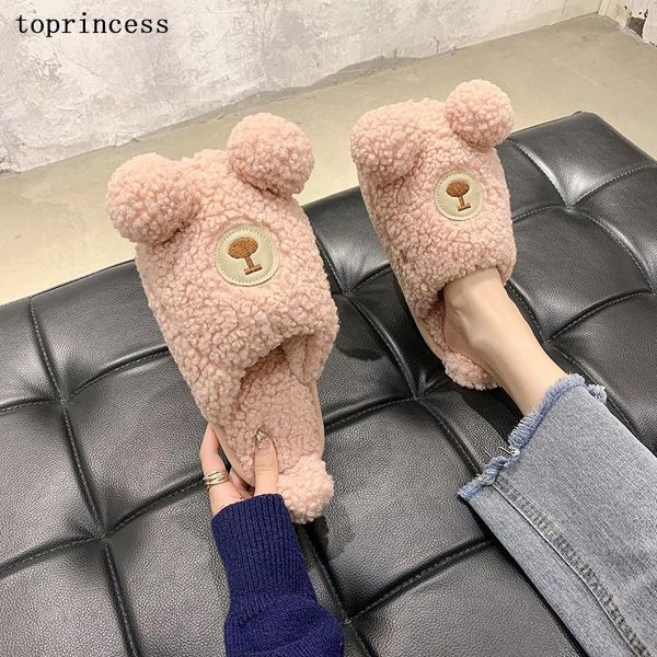 

fashion winter home slippers 2021 warm plush bear for kids cute cartoon wool fuzzy indoor slipper, Black