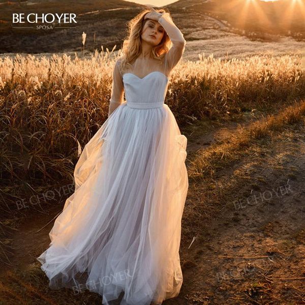 

other wedding dresses dress fairy long sleeve romantic tulle a-line bride gown illusion princess court train bechoyer d145 vestido de noiva, White