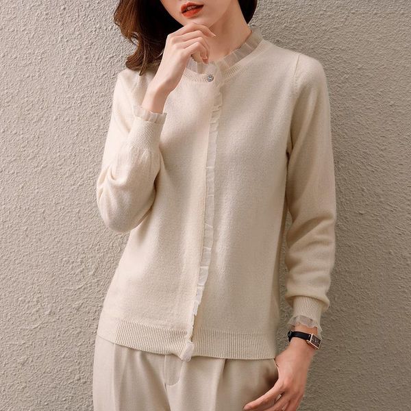 

european and american fashion women's 100% wool sweater long-sleeved knitted cardigan 0 collar coat cashmere sweater3 colors knits & te, White