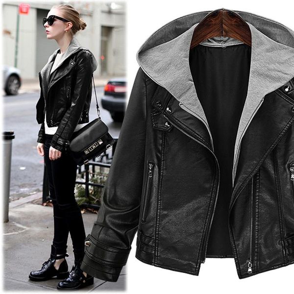 

women's jackets women pu leather jacket autumn winter hooded oversized bomber long sleeve fashion short coat blouson femme, Black;brown