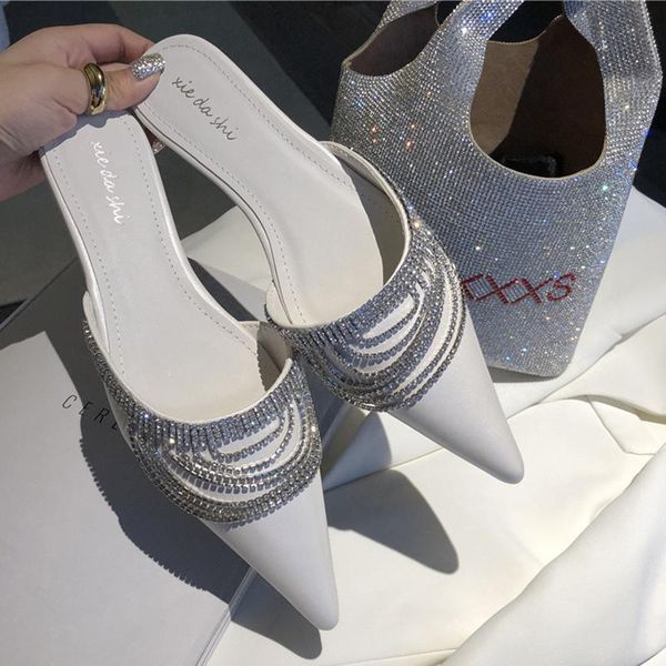 

summer fashion women glitter crystal slipper mules white black low heels slides outsides lady pointed toe party flat shoes slippers
