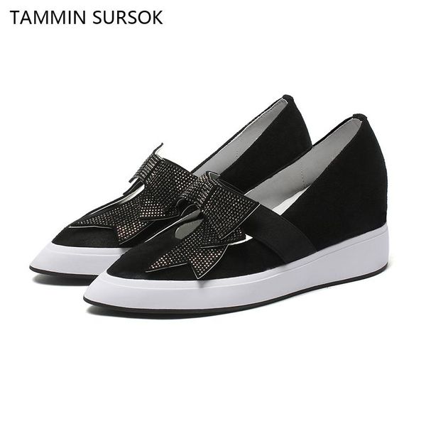 

dress shoes fashion rhinestone bow genuine leather height increasing casual pointed toe wedges women, Black