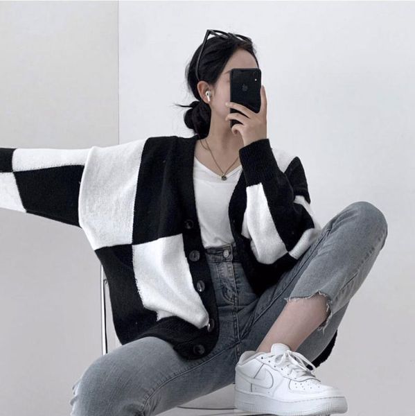 

women's knits & tees black and white plaid knitted cardigan autumn winter loose v-neck single-breasted sweater coat female cardigans