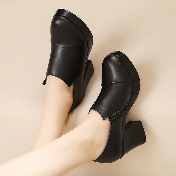 

dress shoes women's high heels large size 33-43 women thick heel platform autumn winter deep mouth fur warm non-slip work, Black