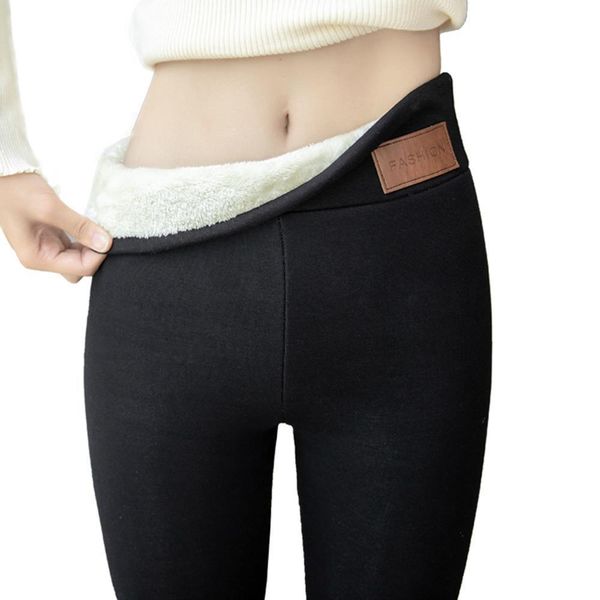 

yvyvlolo warm plus velvet women leggings winter ankle length keep solid pants high waist large size, Black