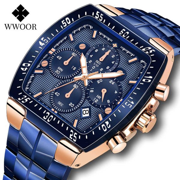 Wwoor Moda Quadrado Homens Relógios Aço Inoxidável Azul Azul Quartzo Militar Quartzo Impermeável Esportes Cronógrafo Cronógrafo 210527