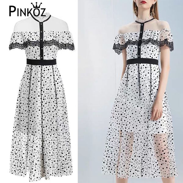 

elegant dress women summer vintage striped lace patchwork pleated long short sleeve dot slim maxi vestidos za 210421, White