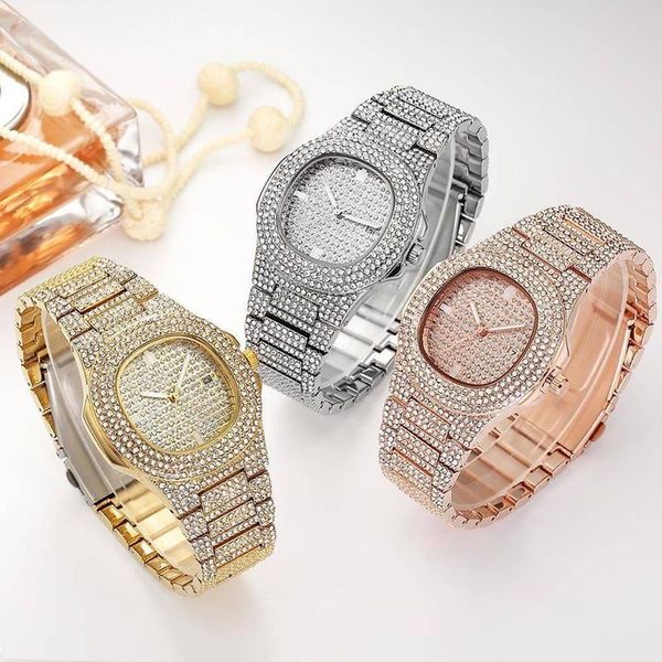 

women's golden diamond watches quartz hip hop ladies with micropave cz stainless steel watch clock relogio wristwatches, Slivery;brown