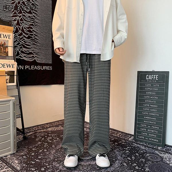 

men's pants men casual plaid full length mopping loose straight vintage daily trousers males drawstring simple harajuku streetwear, Black