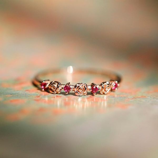 

cluster rings cmajor 9k gold rose flower with ruby cute ring gift for girl women natural stone jewelry, Golden;silver