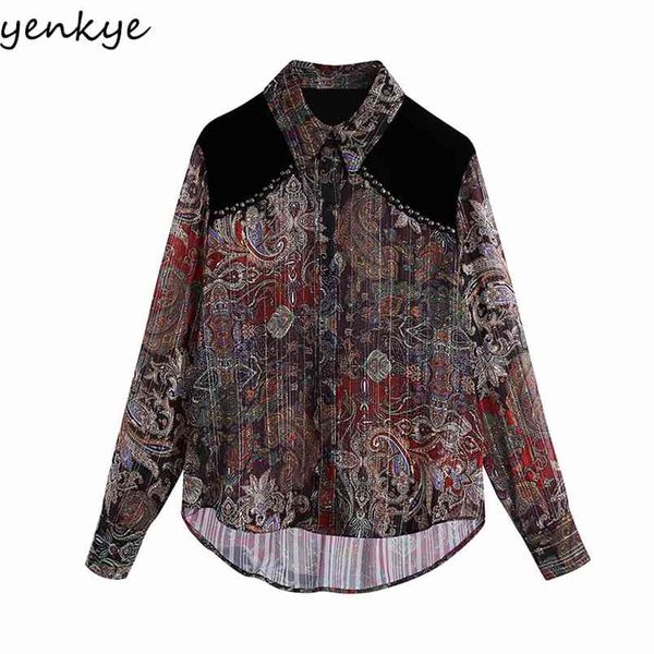 

vintage velvet print patchwork blouse shirt women long sleeve lapel collar semi-sheer summer ladies shirts plus size 210514, White
