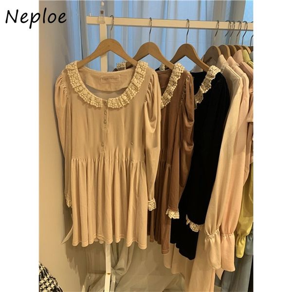 Neploe Chic Gancio Fiore Carino Colletto Del Peter Pan Vestito Delle Donne Autunno Nuovo Femme Abiti Squisito Pulsante Abiti con Manica a Soffio 210423