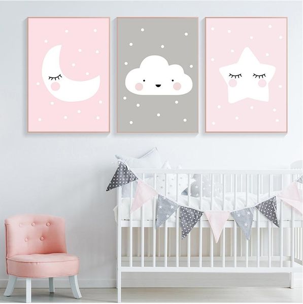 

paintings pink moon cloud star nursery child poster cute art decorative print wall painting decoration picture nordic kid baby room decor