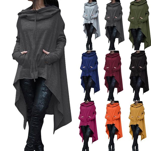 

women's hoodies & sweatshirts 2021 fashion hoodie autumn winter pocket solid irregular lower hem cape pullover casual rope jacket, Black