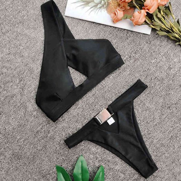 

2021 shoulder high waist bikini women bule swimsuit female hollow out swimwear two-pieces bikini set bathing suitby a