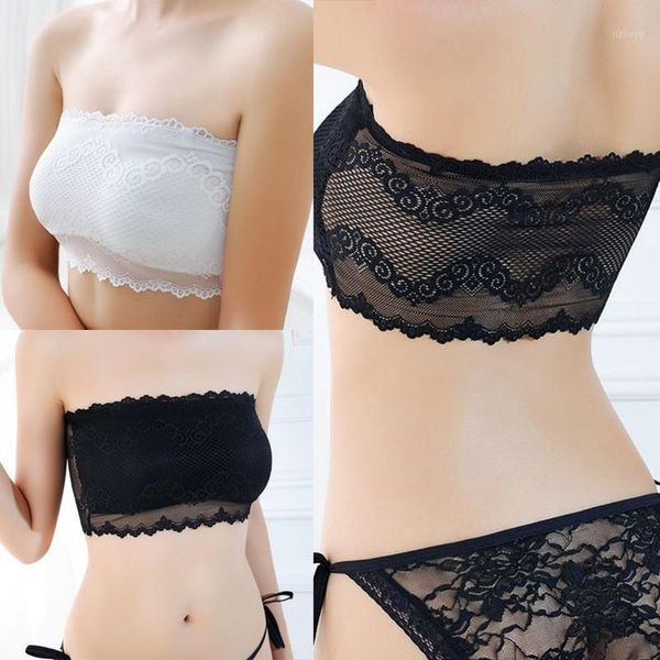 

women strapless seamless lace casual crop underwear ladies solid padded bras female fashion bralette tube bustiers & corsets, Black;white