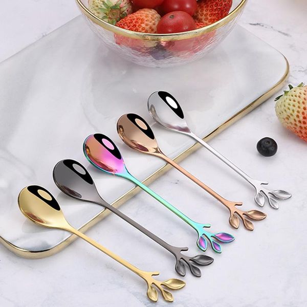 

spoons creative branch leaves teaspoons stainless steel fork table knife kitchen accessories tableware ice cream coffee stirring spoon