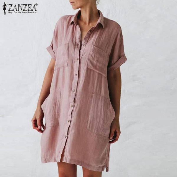 

summer short sleeve dress zanzea elegant work ol shirt sundress women casual solid cotton linen vestidos female robe dresses, Black;gray
