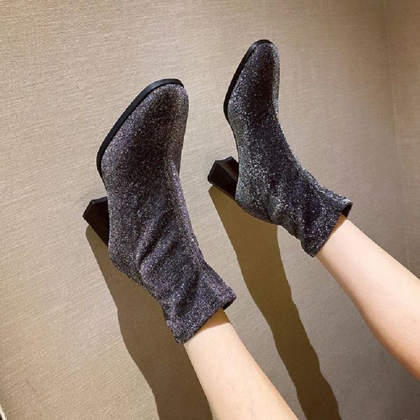 

boots korean style spring autumn fashion thick heels square toe bling stretch fabric women short ladies ankle botas 20211111, Black