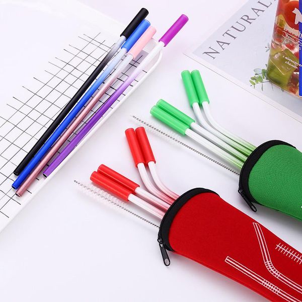

drinking straws 20set/lot stainless steel gradient color straw with anti-scratch silicone head metal reusable eco-friendly