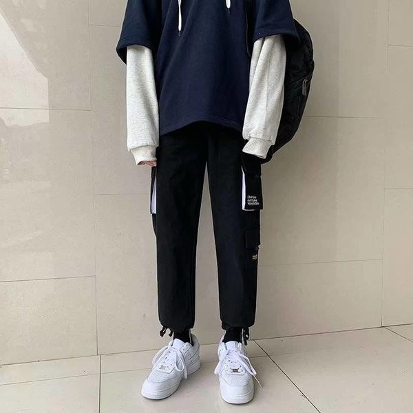 

women's pants & capris high waist kahaki cargo women loose harajuku bf ankle-length overalls plus size hip hop fashion pant females, Black;white