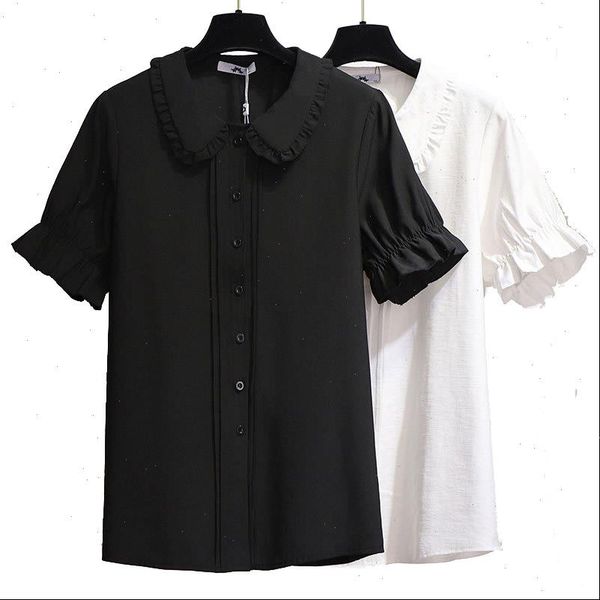 

plus size women shirts blouse for 4xl 5xl 6xl summer casual white black doll collar short sleeve ruffled chiffon shirt