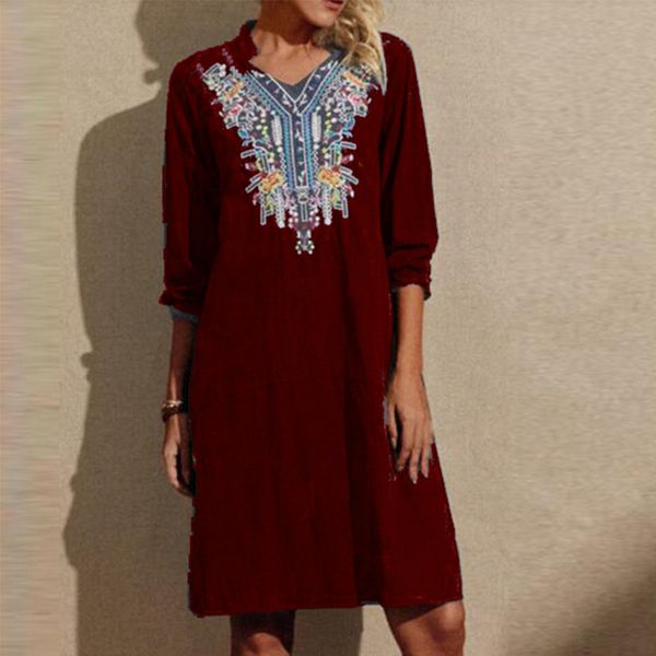 

dresses spring vintage print casual loose women elegant v-neck long sleeve a-line es office ladies streetwear plus size pmiv jpgm, Black;gray