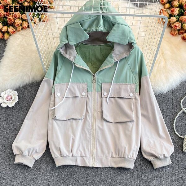 

women's jackets seenimore 2022 spring casual hooded student schoolgirl women loose vintage long sleeve junior coats, Black;brown