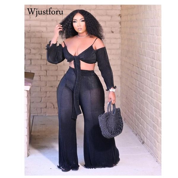 

wjustforu sexyÂ two piece set womenÂ bandage crop high waist wide leg pantsÂ 2021 off shoulder summerÂ outfits for women women's two pants, White