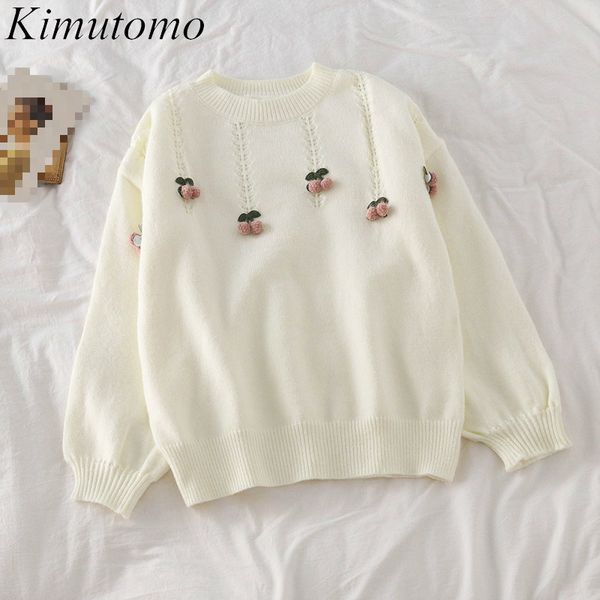 

kimutomo girls kawaii sweater spring autumn japanese style female o-neck cherry solid lo9ng sleeve knitted pullovers sweet 210521, White